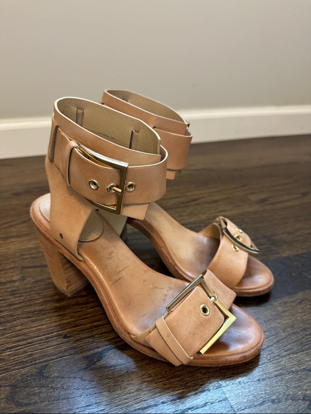 Rachel Zoe Tan Leather Buckle Block Heel Sandals